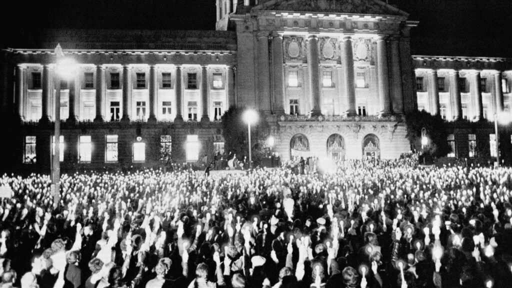 More than 25,000 persons jammed the park and streets around San Francisco's City Hall on Monday, Nov. 28, 1978, in a spontaneous demonstration of grief for slain Mayor George Moscone and Supervisor Harvey Milk.
