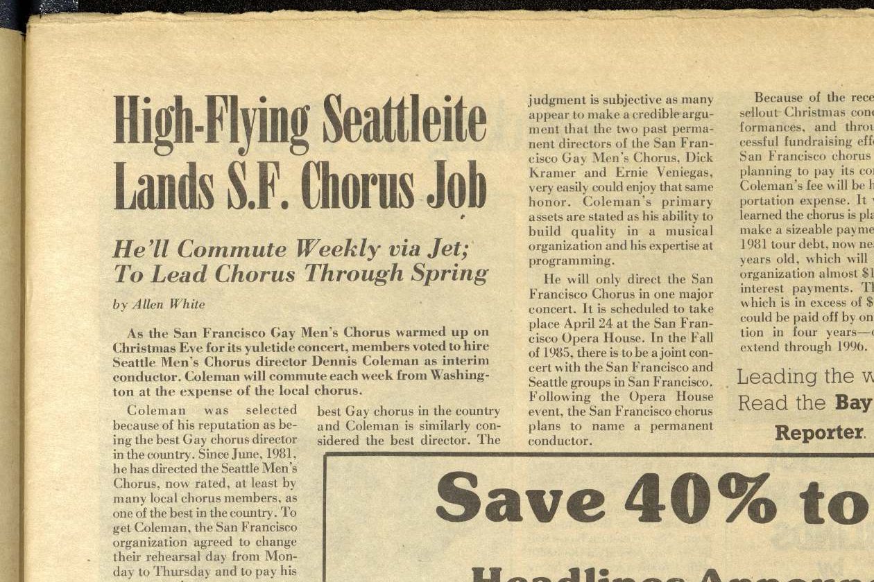 Archive clipping: guest conductor Dennis Coleman, 1985.