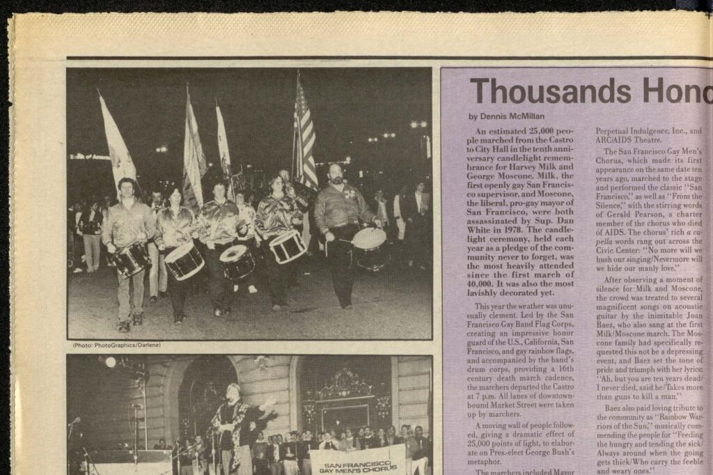 Newspaper clipping: Joan Baez sings with the chorus at City Hall, November 27, 1988. Bay Area Reporter