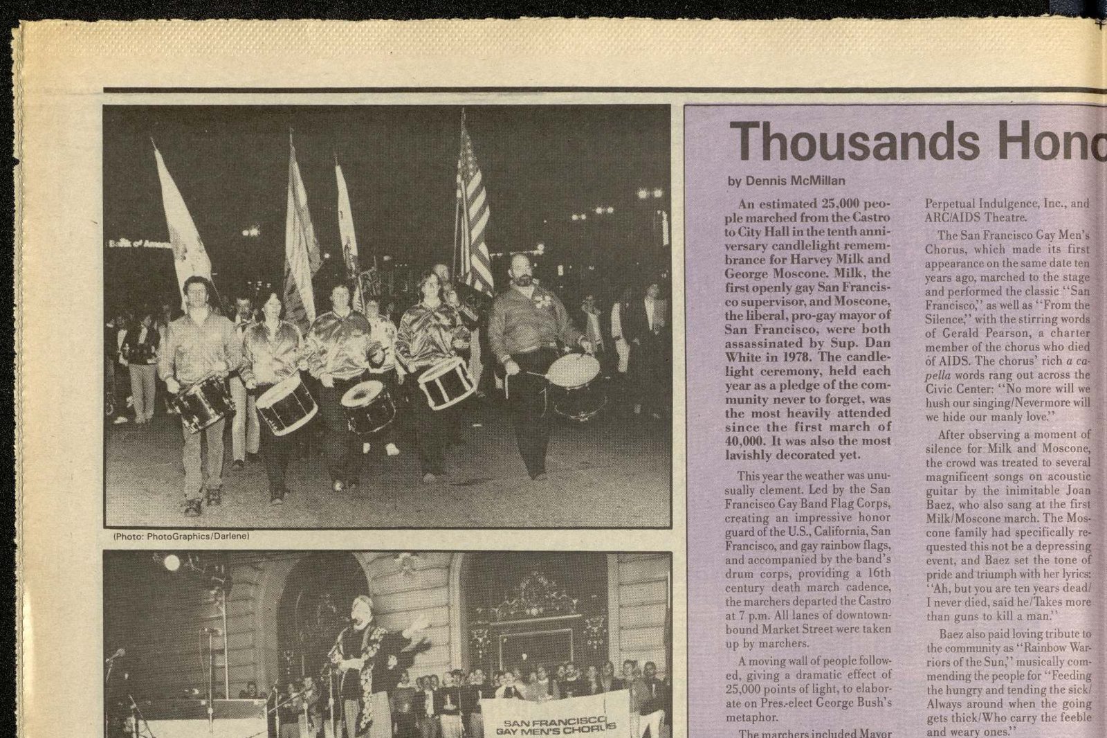Newspaper clipping: Joan Baez sings with the chorus at City Hall, November 27, 1988. Bay Area Reporter