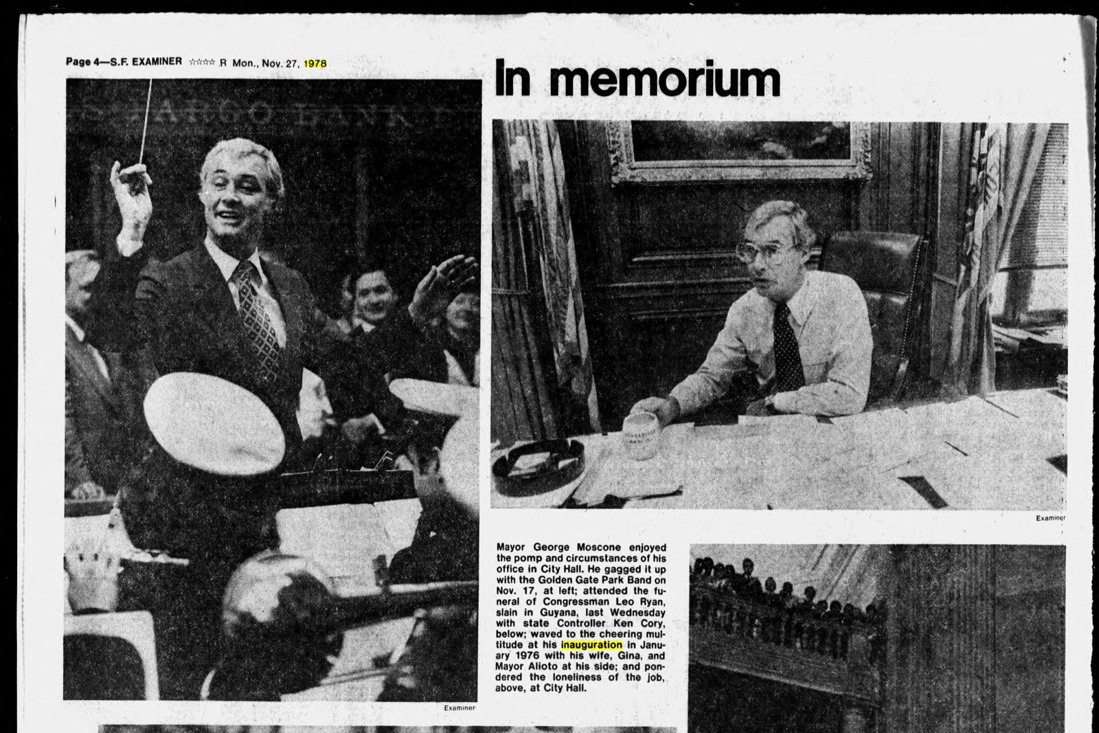 Newspaper clipping: San Francisco Examiner, November 27, 1978