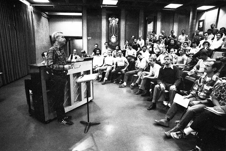 Feb. 23, 1981: Conductor Dick Kramer leads the San Francisco Gay Men's Chorus in preparation for their first national tour.